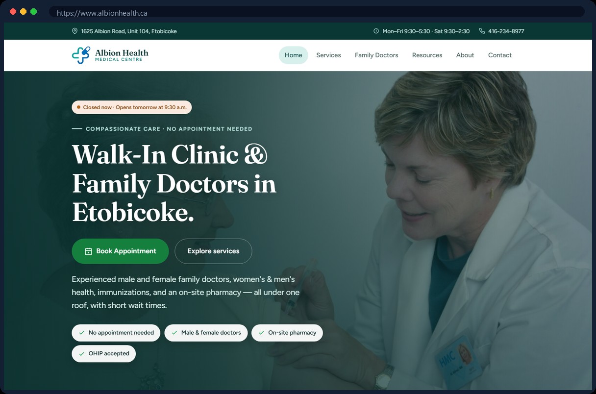 The rebuilt Albion Health Medical Centre homepage